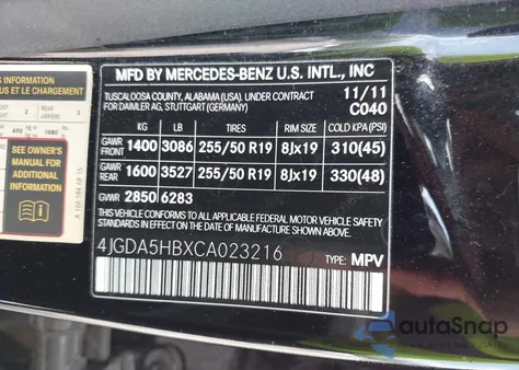 2012 Mercedes-Benz Ml 350 4Matic z USA, uszkodzony, nr VIN 4JGDA5HBXCA023216